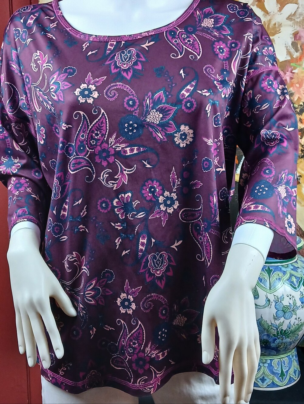 St. John's Bay Plum Paisley Floral Long Sleeve Scoop Top